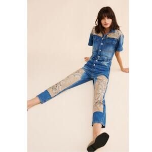 Free People X Tricia Fix Bandana Denim Jumpsuit Coveralls Size XL Western Boho